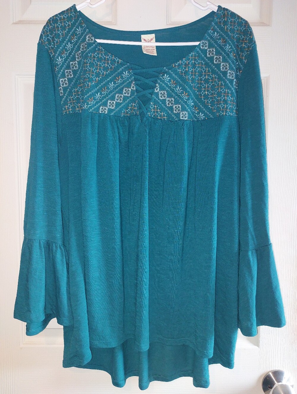 Faded Glory 3x Teal Embroidered Lace-Up Bell Sleeve